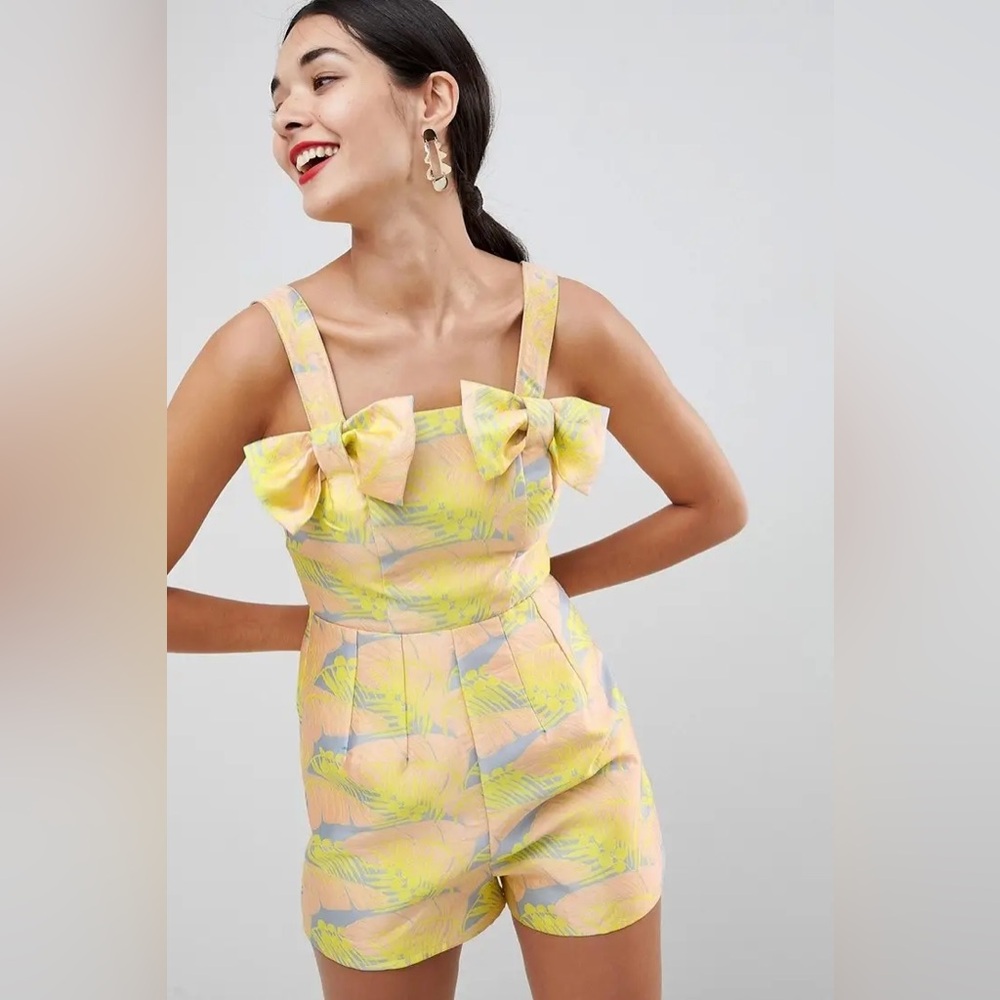 ASOS Yellow Pink Tropical Bow-Detail Playsuit